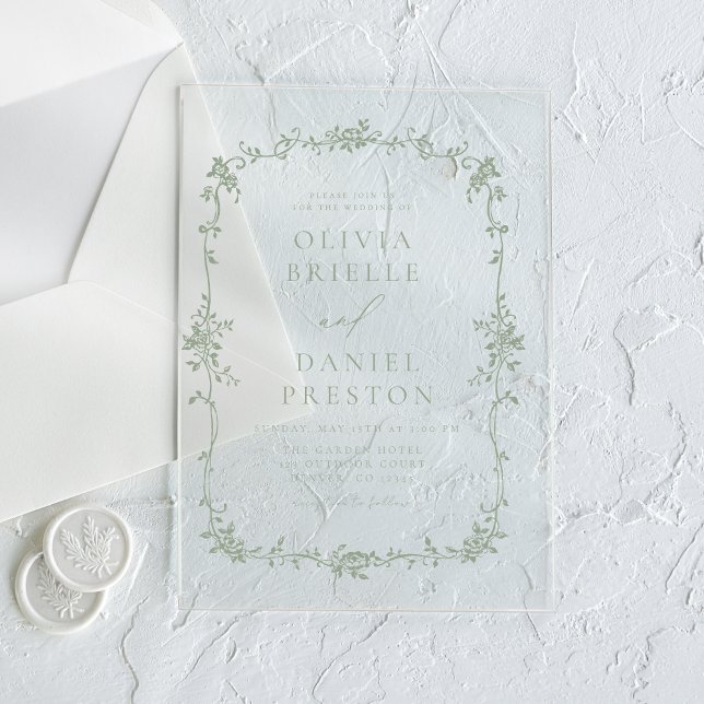 Viktorianische Vintage französische Sage Green Wed Acryleinladungen (Von Creator hochgeladen)