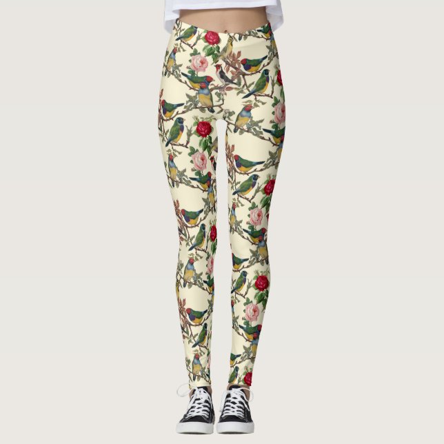 Viktorianische Vögel und Rose Scrapbook Retro Leggings (Vorderseite)