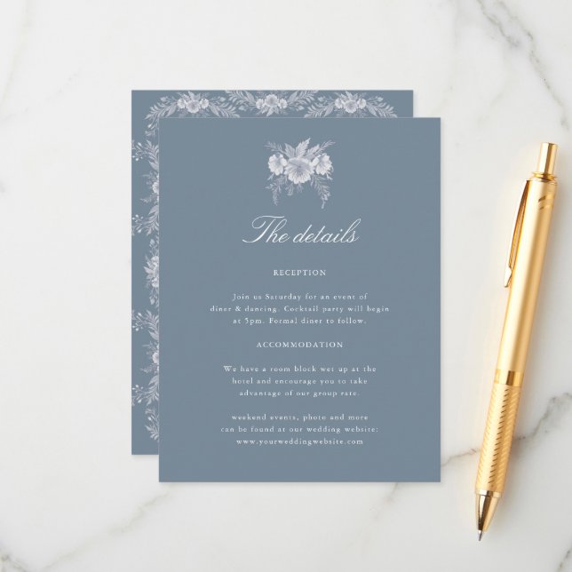 Viktorianische Wedding Details Card in Blue mit Begleitkarte (Vorderseite/Rückseite Beispiel)