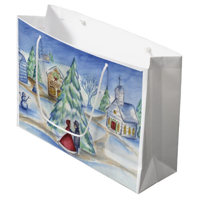 Viktorianische Weihnachtsdorf-Geschenktasche Große Geschenktüte (Vorderseite Schrägansicht)