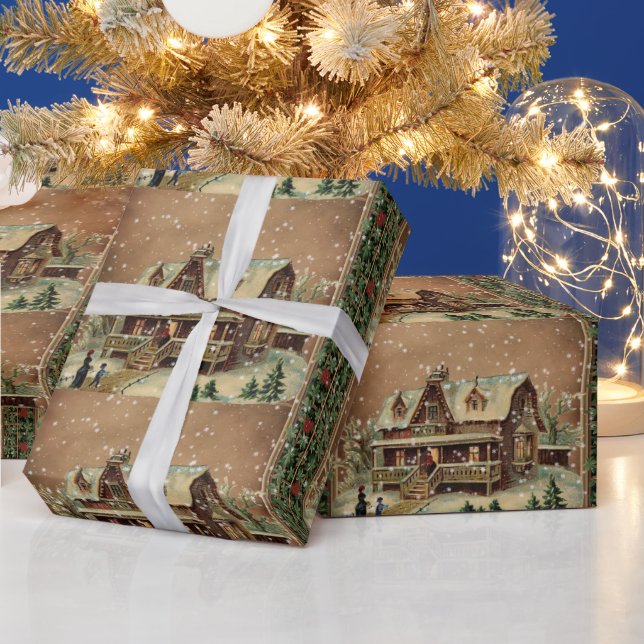 Viktorianische Weihnachtsfeier in Winterillustrati Geschenkpapier (Feiertage)