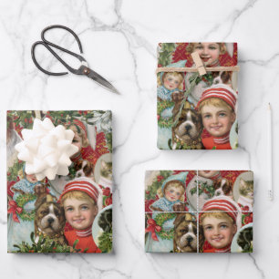Viktorianische Weihnachtskatzen und Hunde-Brustkol Geschenkpapier Set