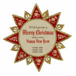 Viktorianische Weihnachtssterndekoration Goldrot Fotoskulptur Ornament<br><div class="desc">Sternenförmige Weihnachtsschmuck inspiriert von einem Viktorianischen Weihnachtsstern mit 16 Punkten und schönen Ornamenten in rotem Beige und Gold. Die Begrüßungsworte sind In der Mitte des Sterns: 1) wünschen Ihnen eine 2) Frohe Weihnachten 3) und ein sehr 4) Happy New Year. Es gibt auch drei Zeilen, in denen Sie zum Beispiel...</div>