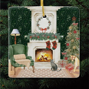 Viktorianische Weihnachtsszene im Wohnzimmer Keramikornament