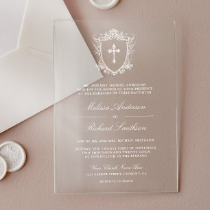 Viktorianische weiße katholische Hochzeit Acryleinladungen