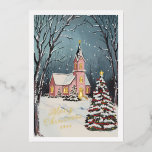 Viktorianische Winterlandschaft Weihnachten außerh Folien Feiertagskarte<br><div class="desc">Rosa Kapelle auf einem schneebedeckten Abend mit dekorierten Weihnachtsbäumen; "fröhliche Weihnachten" im Bändchenstil in Goldfolie,  öffnen Sie den Editor,  um zu löschen und Ihren eigenen Gruß hinzuzufügen. Bearbeitbar Jahr auf der Vorderseite und Text auf der Rückseite. Originelle Illustration von Becky Nimoy.</div>