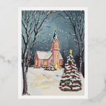 Viktorianische Winterlandschaft Weihnachten außerh Folien Feiertagspostkarte<br><div class="desc">Rosa Kapelle auf einem schneebedeckten Abend mit dekorierten Weihnachtsbäumen; "fröhliche Weihnachten" im Bändchenstil in Goldfolie,  öffnen Sie den Editor,  um zu löschen und Ihren eigenen Gruß hinzuzufügen. Bearbeitbar Jahr auf der Vorderseite und Text auf der Rückseite. Originelle Illustration von Becky Nimoy.</div>