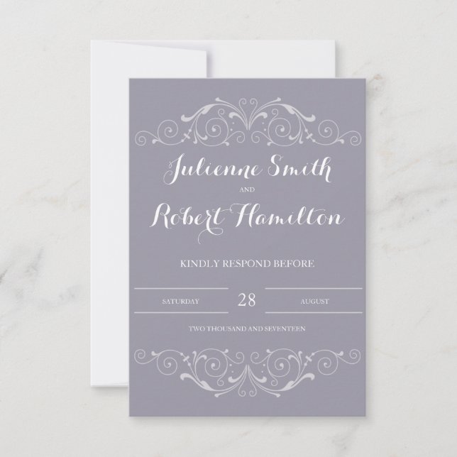 Viktorianische Wirbel Gray Wedding RSVP Card Karte (Vorderseite)