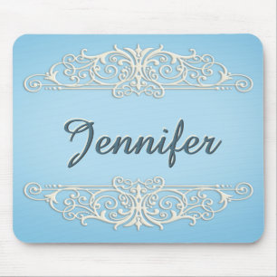 Viktorianische Wirbel in Creme auf blau Mousepad