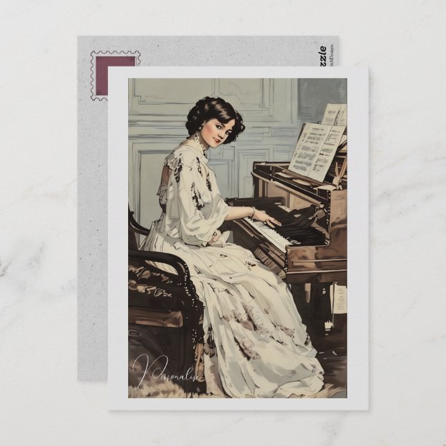 Viktorianische Woman White Dress Piano Musik Vinta Postkarte (Vorne/Hinten)
