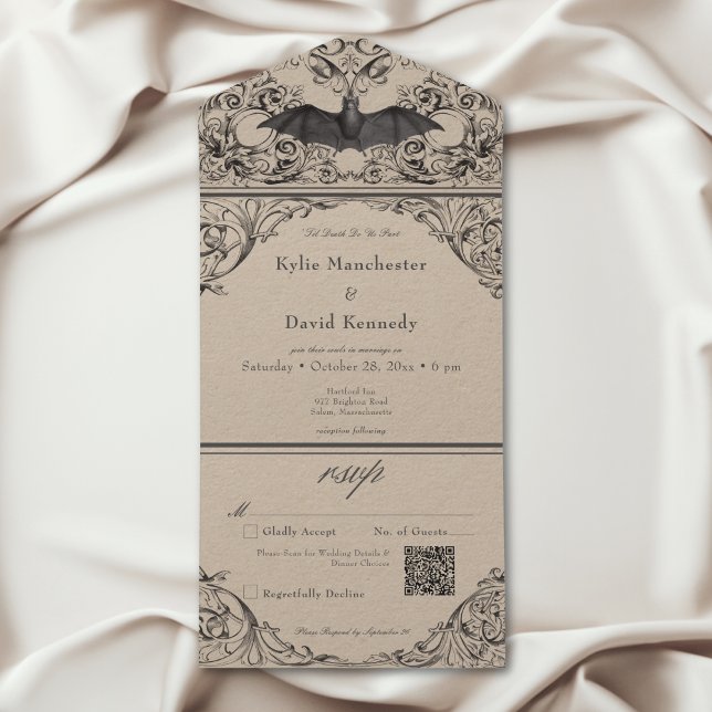 Viktorianischer Bat Til Death Black Tan Wedding QR All In One Einladung (Victorian Bat Til Death Black Tan Wedding QR Code All In One Invitation)