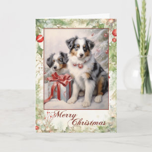 Viktorianischer Blue Merle Aussie Welpe Weihnachte Feiertagskarte
