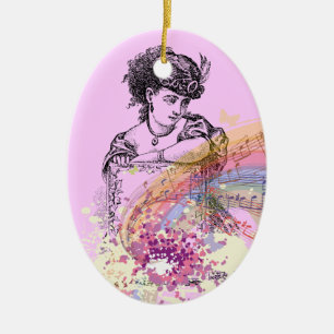 Viktorianischer Damen-Musik-ColorSplash-Pink-Oval- Keramikornament