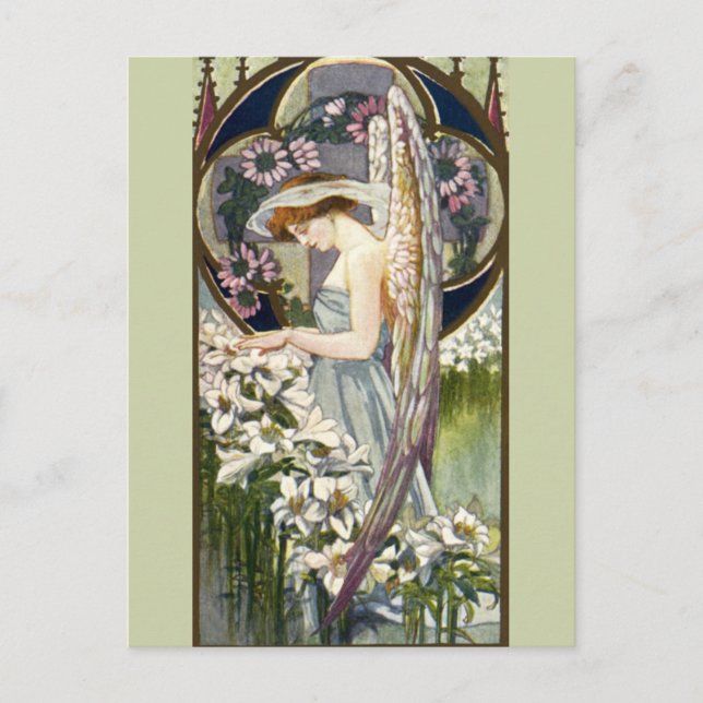 Viktorianischer Engel und Vintage Osterlilie Blume Postkarte (Vorderseite)