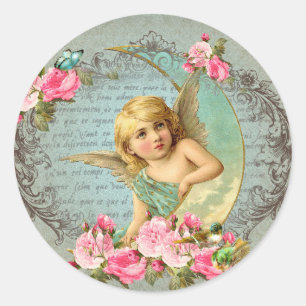 Viktorianischer Engel vintage blaue Rose rosa anti Runder Aufkleber