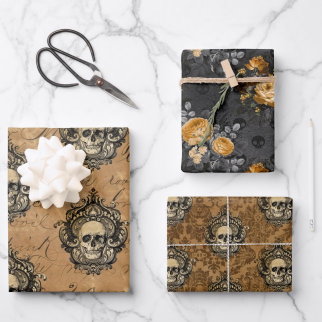 Viktorianischer Gothic Glam Skull and Damask Geschenkpapier Set (Vorderseite)