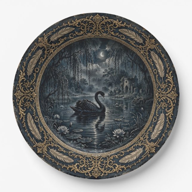 Viktorianischer Gothic-Schwan-Esszimmerteller Pappteller (Vorderseite)