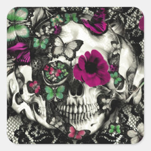 Viktorianischer Gothic-Spitzenschädel mit rosa Akz Quadratischer Aufkleber