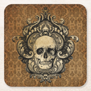 Viktorianischer Gothic-Totenkopf-Damaskus-Hallowee Rechteckiger Pappuntersetzer