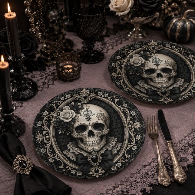 Viktorianischer Gothic-Totenkopf Schwarz Elfenbein Pappteller (Von Creator hochgeladen)