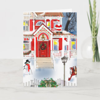 Viktorianischer Hausschnee in altmodischer Weihnac Karte