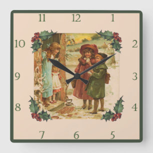 Viktorianischer Kinder Weihnachtsferien Quadratisc Quadratische Wanduhr