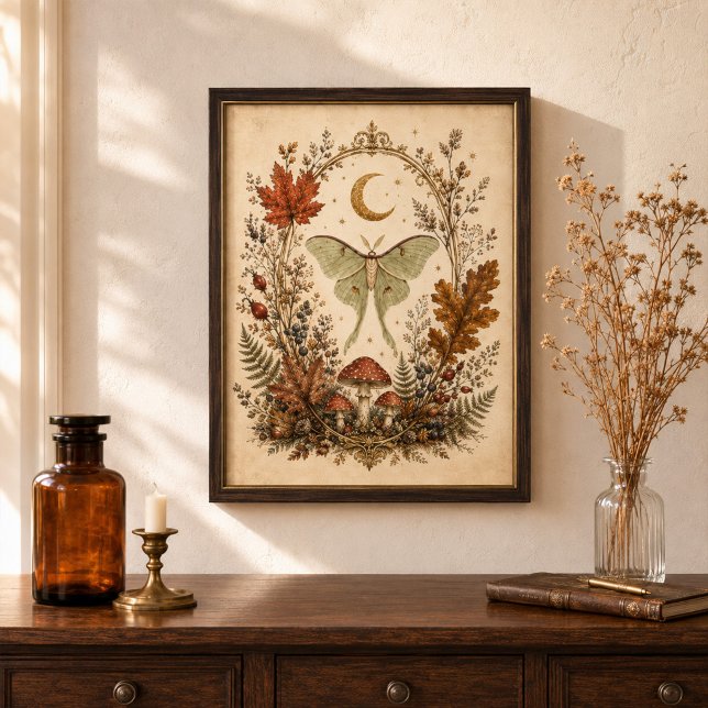 Viktorianischer Luna-Moth-Botanischer Hexen-Wandku Poster (Victorian Luna Moth Botanical Witchy Wall Art)