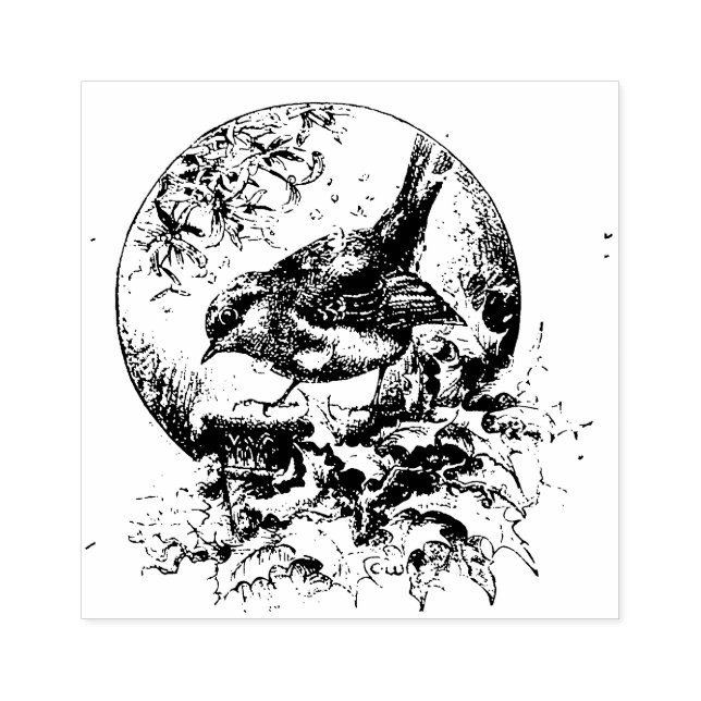 Viktorianischer Niedlicher Vogel mit Holly - Weihn Gummistempel (Prägung)