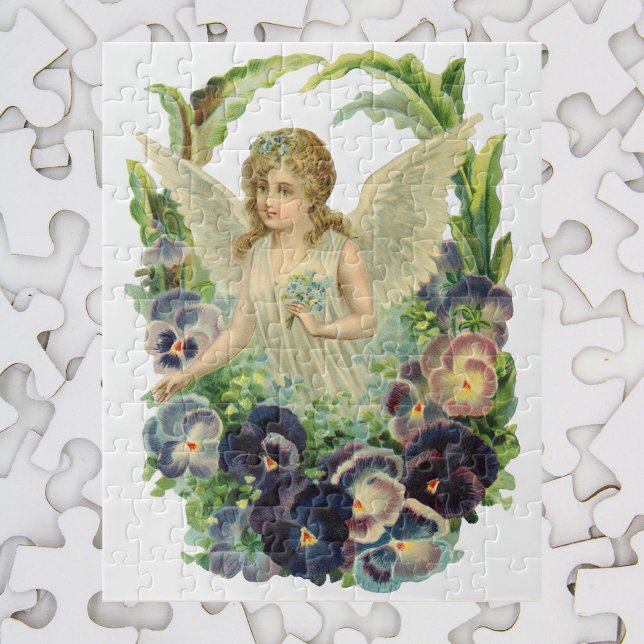 Viktorianischer Osterangel mit Lila Pansy-Blume Puzzle (Von Creator hochgeladen)