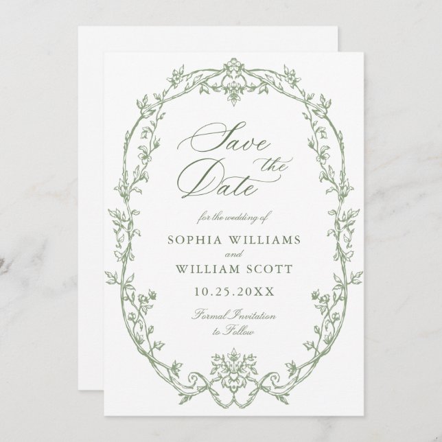 Viktorianischer QR-Code für Verzierte Blumenpracht Save The Date (Vorne/Hinten)