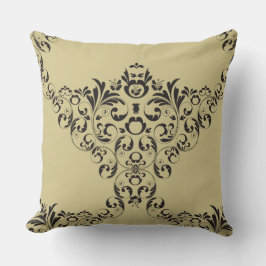 Viktorianischer schwarzer Damast auf dem Tan-Wurfk Kissen