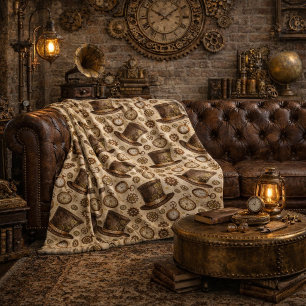 Viktorianischer Steampunk-Hut und Uhrwerk-Muster Fleecedecke