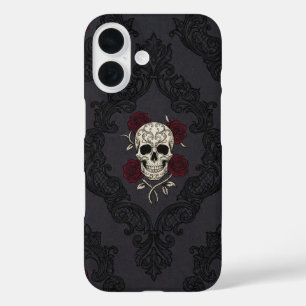 Viktorianischer Totenkopf- und Rosen-Damaskus-Hand iPhone 16 Hülle