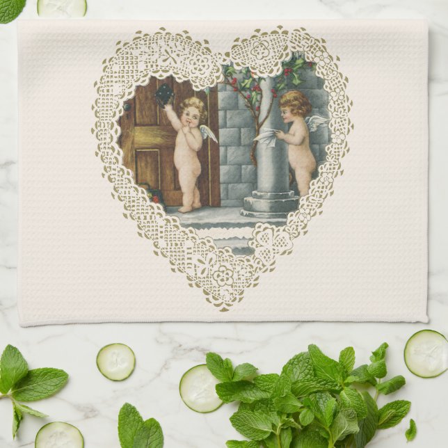 Viktorianischer Valentinstag, Vintage Engel w Lett Geschirrtuch (Gefaltet)