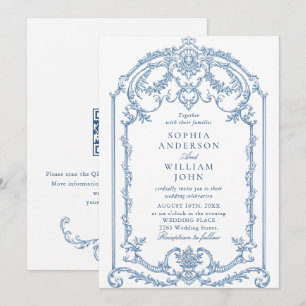 Viktorianischer Verzierter Blumendusty Blue QR Cod Einladung