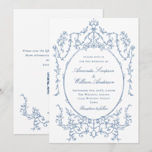 Viktorianischer Verzierter Blumendusty Blue QR Cod Einladung