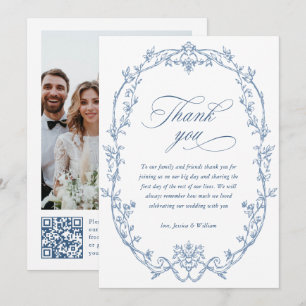 Viktorianischer Verzierter Blumendusty Blue Weddin Dankeskarte