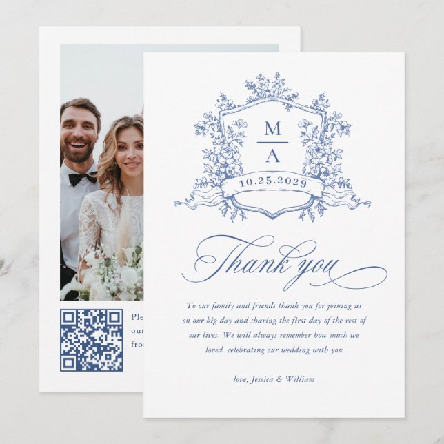 Viktorianischer Verzierter Blumendusty Blue Weddin Dankeskarte (Vorne/Hinten)