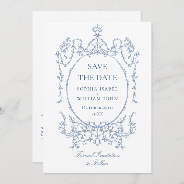 Viktorianischer Verzierter Blumendusty Blue Weddin Save The Date (Vorne/Hinten)