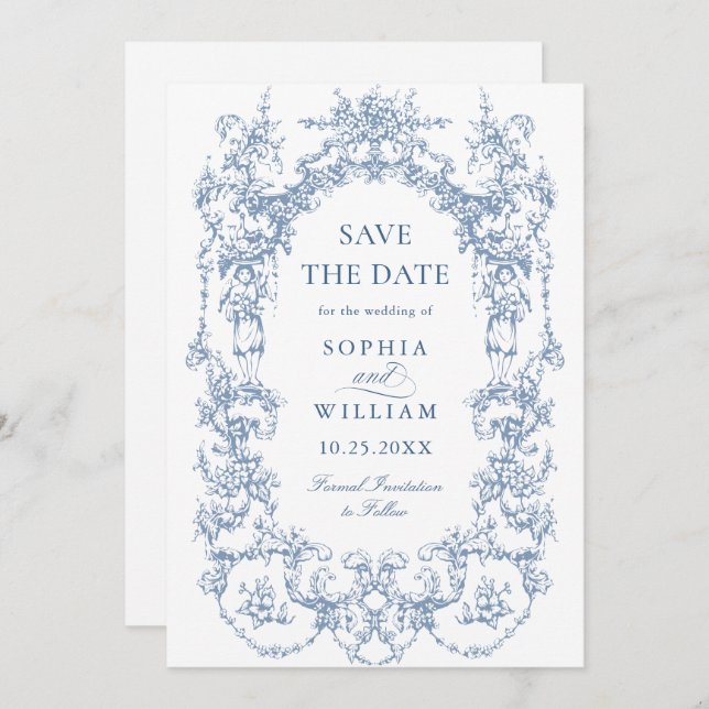 Viktorianischer Verzierter Blumendusty Blue Weddin Save The Date (Vorne/Hinten)