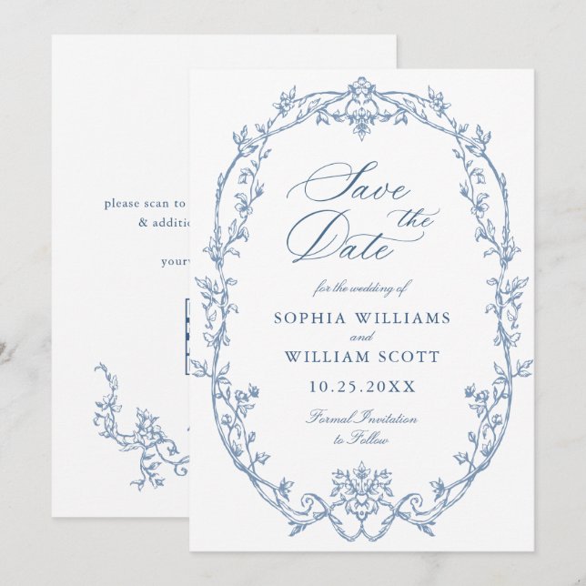 Viktorianischer Verzierter Blumendusty Blue Weddin Save The Date (Vorne/Hinten)