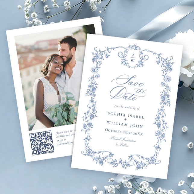 Viktorianischer Verzierter Grace Blue Floral QR Co Save The Date (Von Creator hochgeladen)