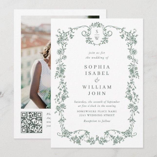 Viktorianischer Verzierter Grace Green Foto QR-Cod Einladung (Vorne/Hinten)