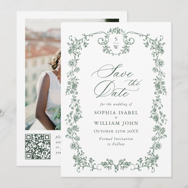 Viktorianischer Verzierter Grace QR-Code Hochzeits Save The Date (Vorne/Hinten)