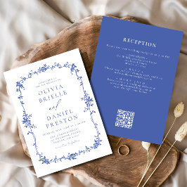 Viktorianischer Vintager QR-Code Hochzeit mit Blau Einladung