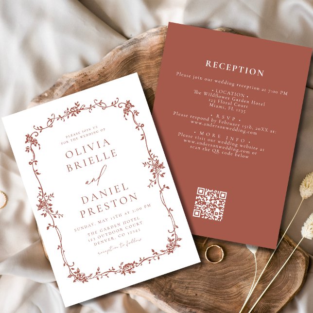 Viktorianischer Vintager QR Code Terracotta Weddin Einladung (Von Creator hochgeladen)