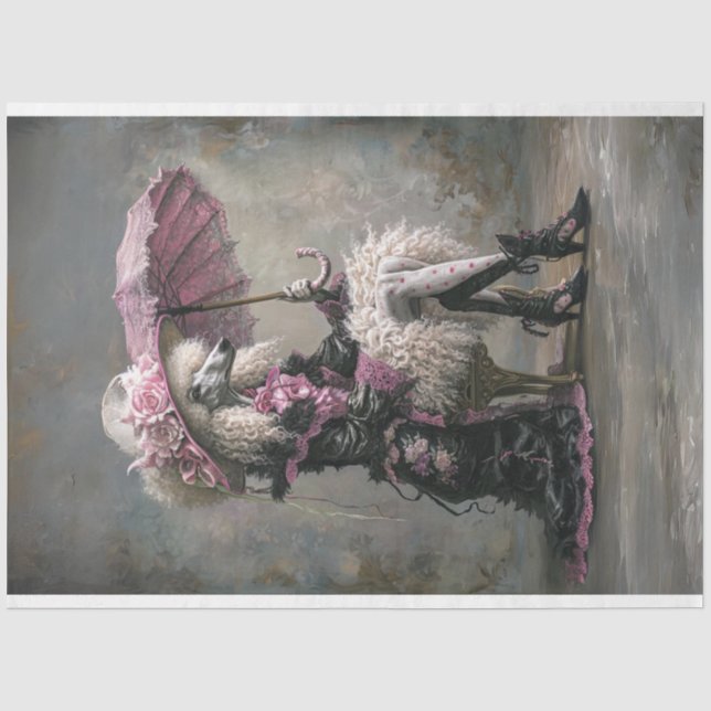 Viktorianischer Vintager Standard-Poodle-Dekoupage Seidenpapier (Vorderseite)