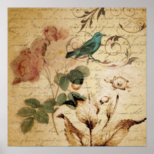viktorianischer Vogel Paris Botanische Rose Poster