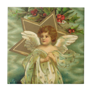Viktorianischer Weihnachtsengel mit antiker golden Fliese