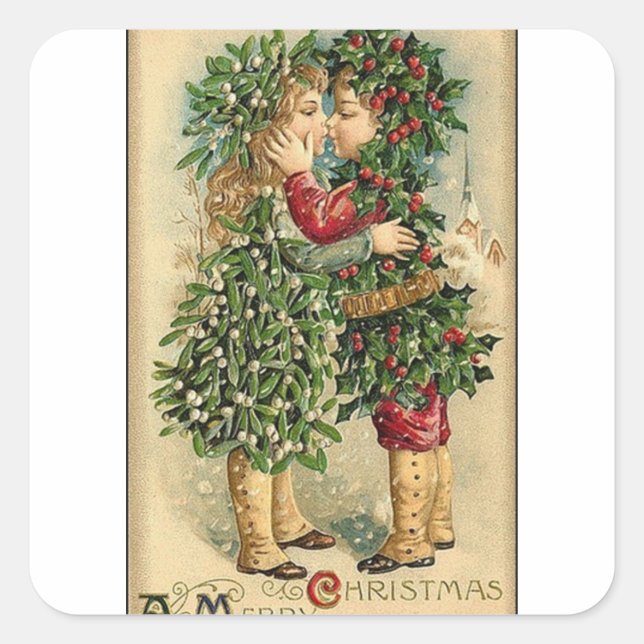 Viktorianischer Weihnachtskiss Retro Vintager Urla Quadratischer Aufkleber (Vorderseite)